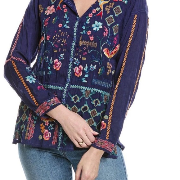 New Johnny Was Navy Floral Embroidered Button Front Blouse size XL - Picture 3 of 12